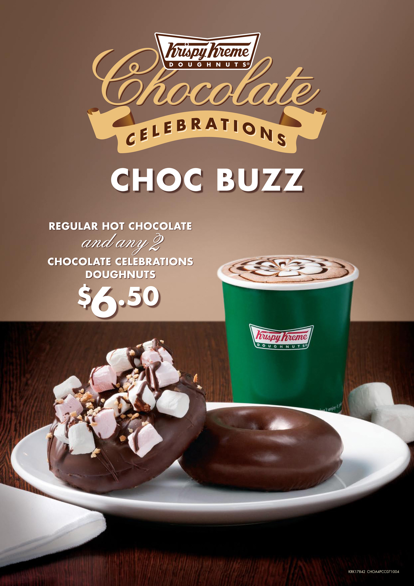 Advertising photography of Krispy Kreme doughnuts covered in chocolate marshmallows on a plate with a hot chocolate