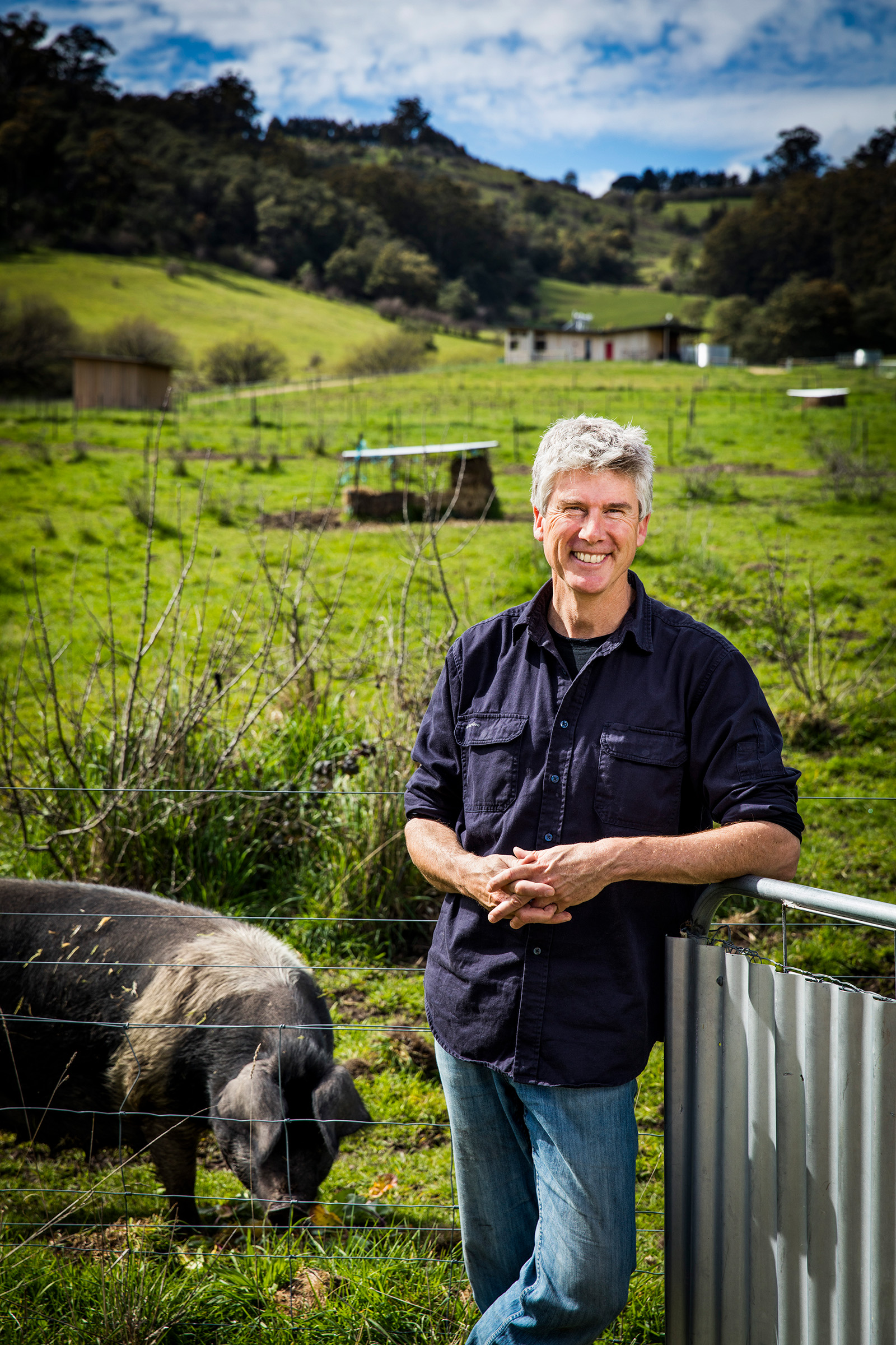 Editorial location photography of Matthew Evans for Active Retirees at Fat Pig Farm Tasmania