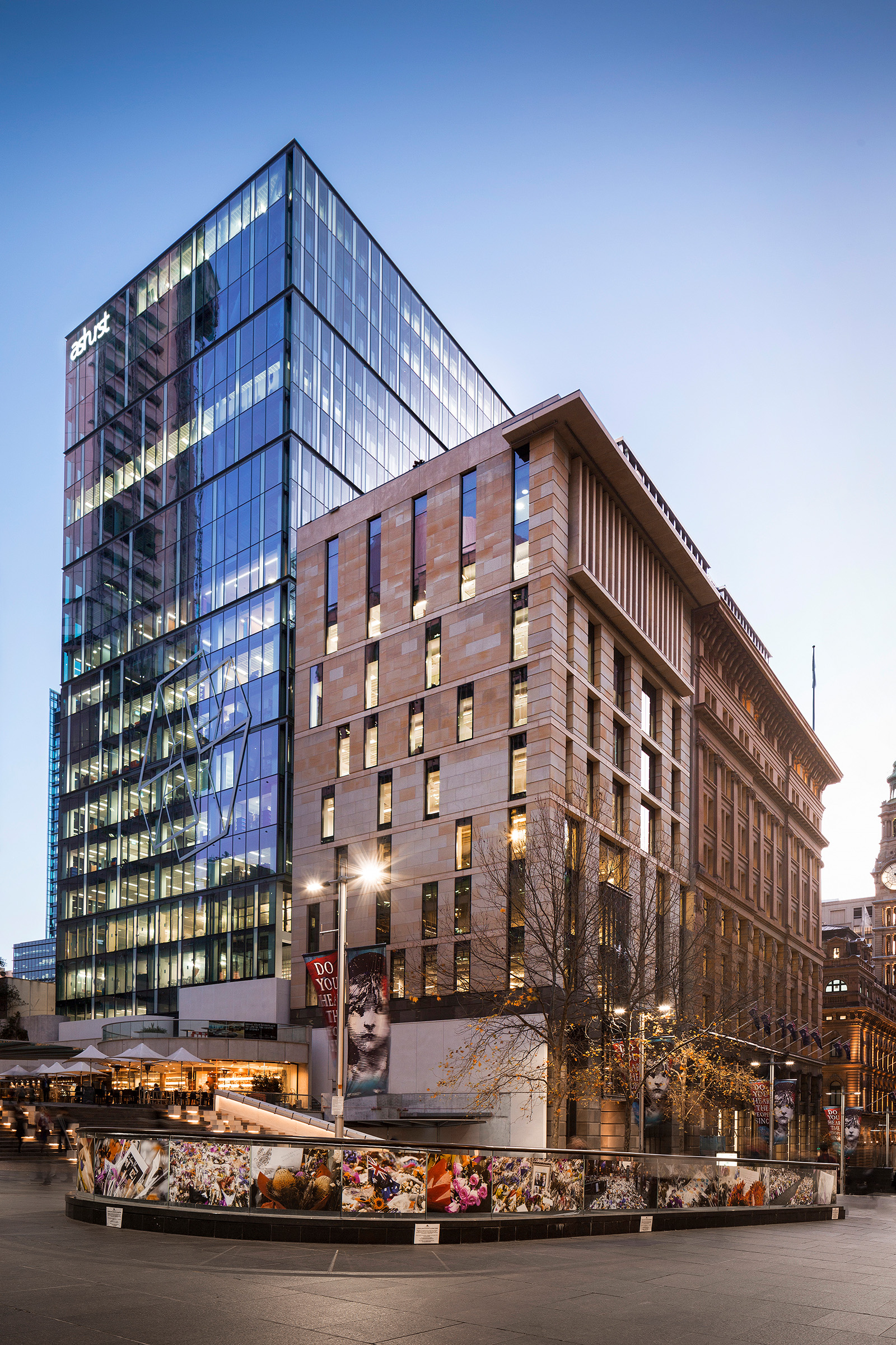 Architectural commercial photography of Ashurst buildings in Martin Place Sydney at dusk