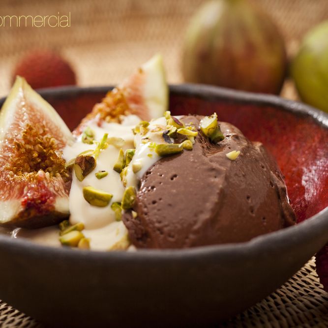 bowl of chocolate ice cream figs and pistachio nuts