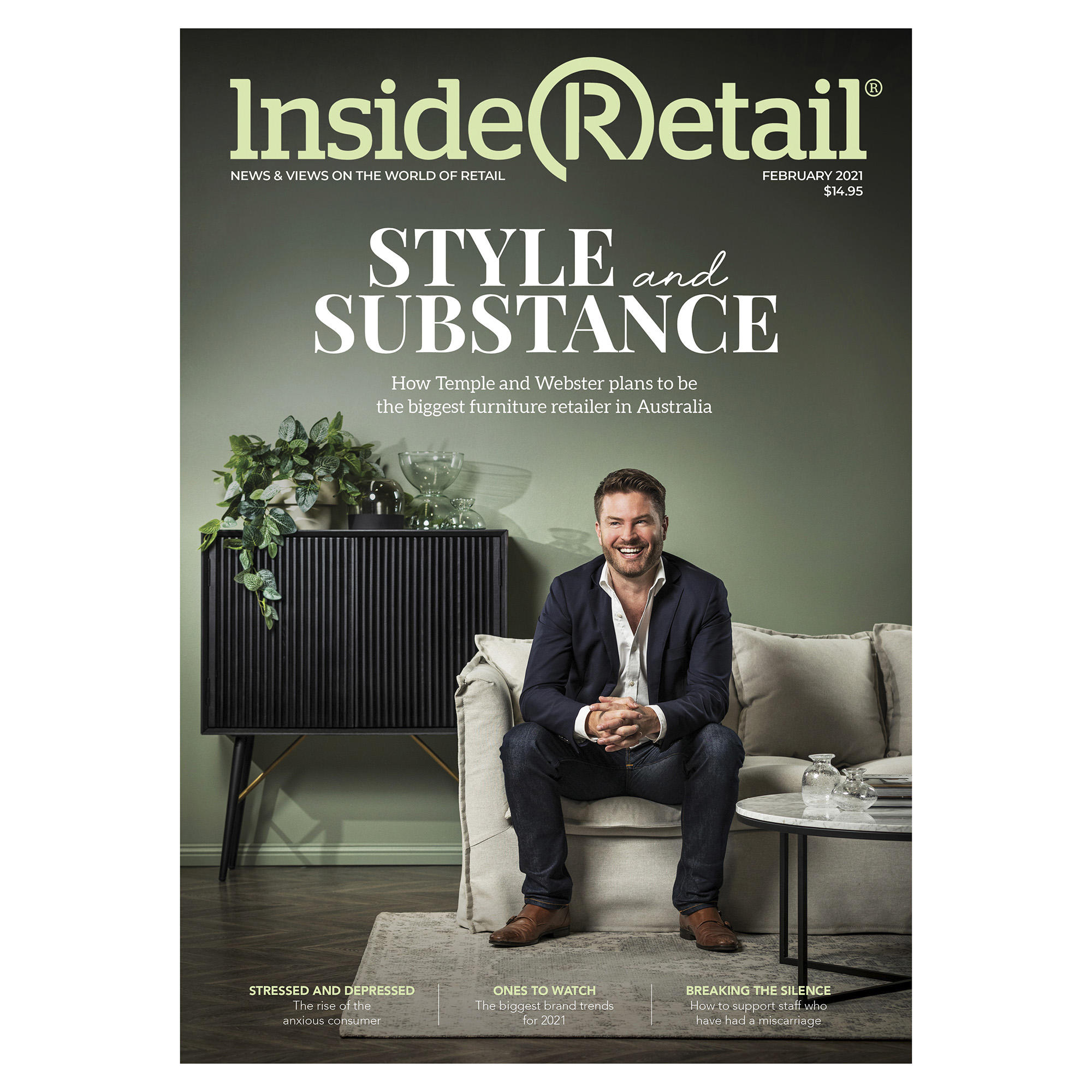 MD CEO Temple & Webster Mark Coulter lifestyle Inside Retail photography seated on couch